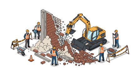 Construction Workers Operating Heavy Machinery Equipment. © ghani