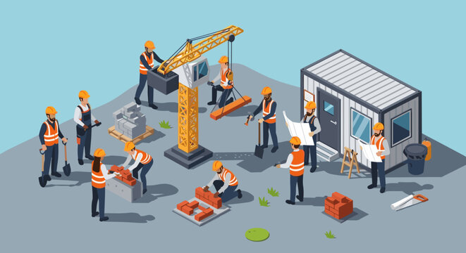 Construction Workers Building Site Office Complex.