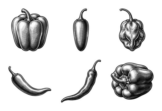 Vintage woodcut illustration of various chili peppers and bell peppers collection in a classic black and white engraved style.
