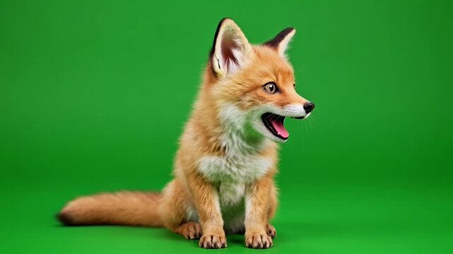 Playful red fox cub on vibrant green background looking curious and adorable.