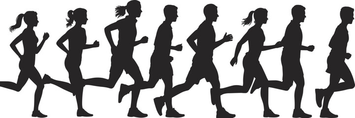 Obraz premium Running, athletes, silhouette, group, men, women, fitness, marathon, training, sport, motion, race, endurance, workout, exercise, teamwork, speed, health, active, lifestyle
