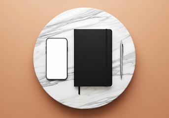 Minimalist flat lay featuring a smartphone notebook pen and marble surface