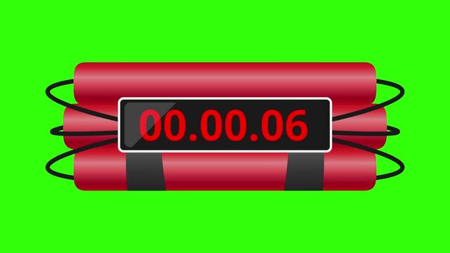 A bundle red dynamite explosive featuring a digital timer set to ten seconds. The object is isolated against a chroma key green background