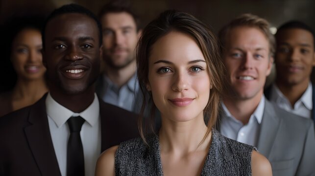 A diverse group of smiling professionals in a business setting conveying teamwork and success