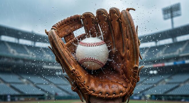 Baseball game postponed due to rain: a catcher's mitt holds a wet ball amidst falling raindrops and a blurred stadium background