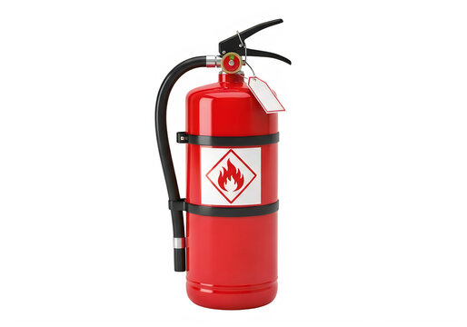 A red fire extinguisher with a black hose isolated on transparent background