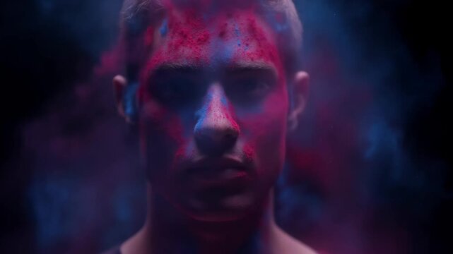 Colorful Revelation: A man emerges from a cloud of vibrant, colored powder, his face framed by an artistic display of hues, showcasing a fusion of art, individuality and self-expression.