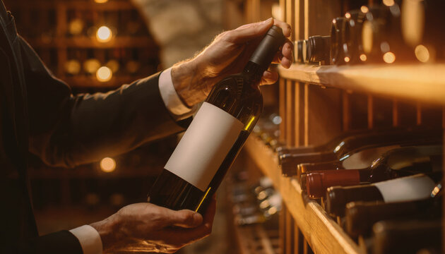 Sommelier selecting red wine bottle in large cellar