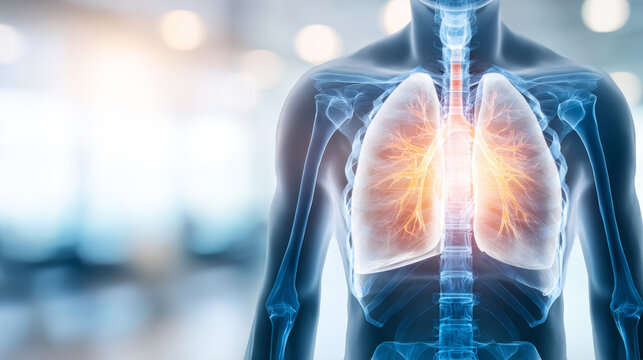 Human torso x ray scan with glowing lungs. Respiratory system illustration displaying pneumonia, lung health, and illness concept