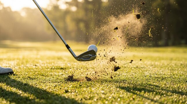Action shot of a golf club hitting a ball on a sunny fairway.