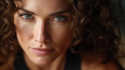 Fototapeta premium Conviction focused determined passionate confident powerful eyes staring intense, athlete exercise trainer portrait, intense feminine gaze, competitive spirit display, defocused background, with
