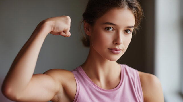 Portrait of young woman showing her arm and strength, feminine muscle display, athletic arm showcase, strength demonstration gesture, empowerment portrait, defocused background, with copy space
