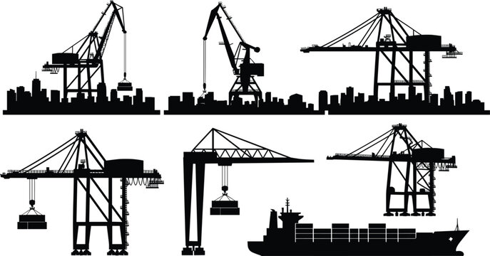 Harbor cargo crane and container ship silhouettes set, seaport logistics and shipping industry vector illustration, maritime transportation concept isolated on white background