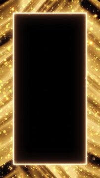 Vertical dynamic golden neon border with warm light beams crossing diagonally and golden confetti with bokeh sparkling around dark center, perfect template for gala events and luxury presentations