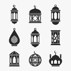 A set of Ramadan lantern silhouettes with a white background.