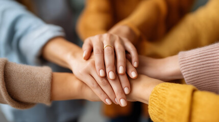 Confident women supporting each other, female solidarity moment, mutual empowerment display, sisterhood support gesture, cooperative feminine strength, defocused background, with copy space