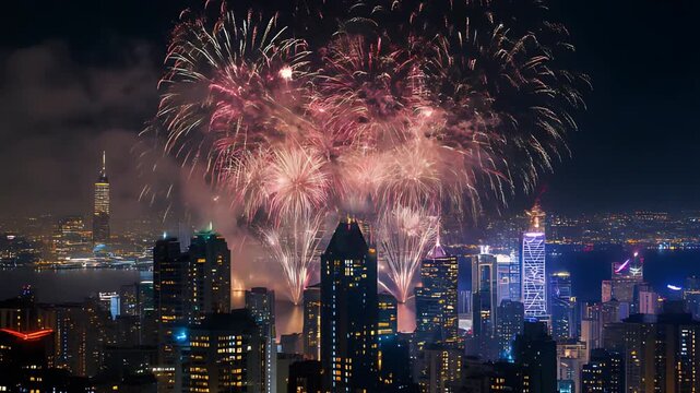 New year fireworks city skyline slow cinematic reveal.