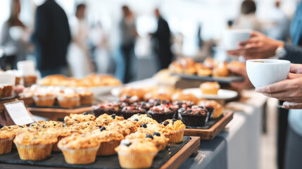 Plakat Buffet table offering pastries and muffins during a business reception, people networking with coffee
