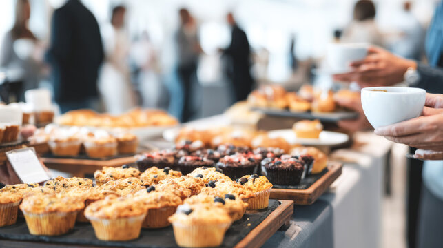 Buffet table offering pastries and muffins during a business reception, people networking with coffee