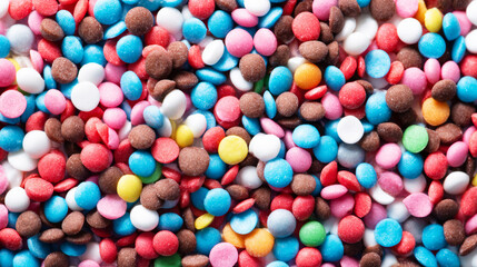 Obraz premium Colorful candy sprinkles creating a sweet dessert background with a mix of assorted sugar dots