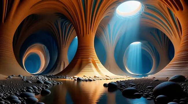 Natural light beams through abstract tunnel structures with water and rocks 