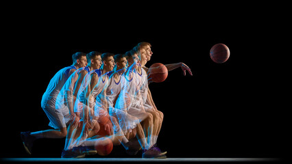 Basketball player passing ball stroboscopic motion trail. Concept of fast paced sports branding,...