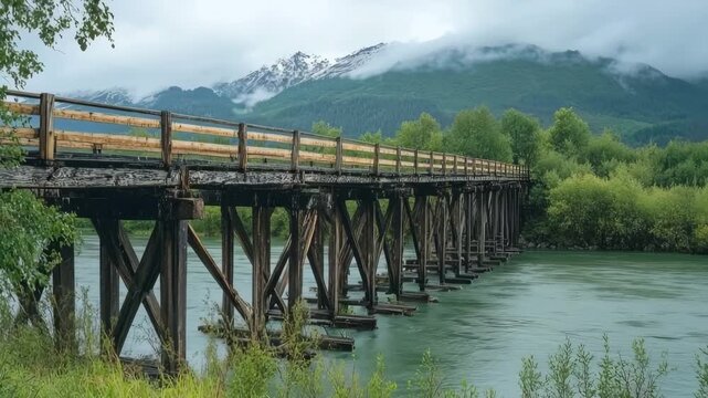 Rustic wooden trestle bridge spans a flowing river with misty, snow-capped mountains in the background