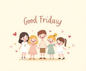A group of happy children celebrating Good Friday with hearts and smiles