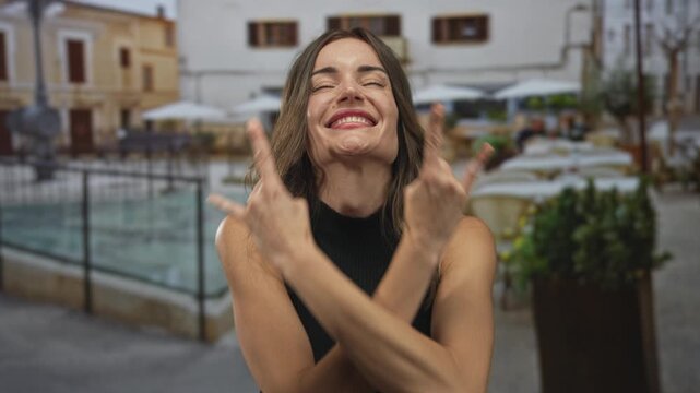 Hispanic woman shows rock horns gesture with hands on sunlit street cafe; rock metal fun excitement.