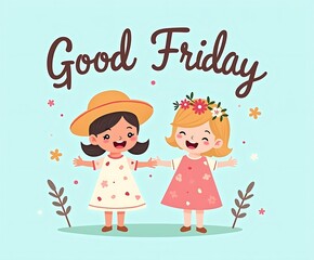 Two happy little girls celebrating Good Friday with flowers and a smile