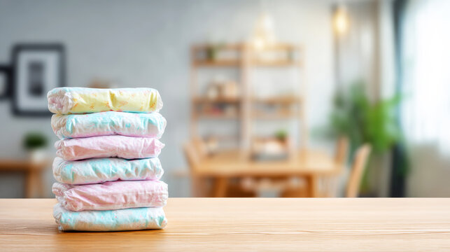Stack of colorful baby diapers on light wooden table, preparing for newborn care and family comfort concept