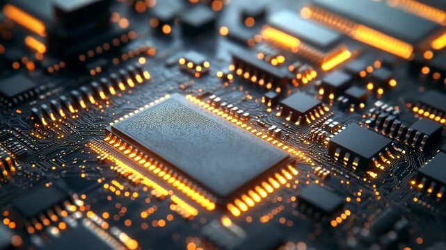 Close-up of a computer circuit board with glowing components and chips
