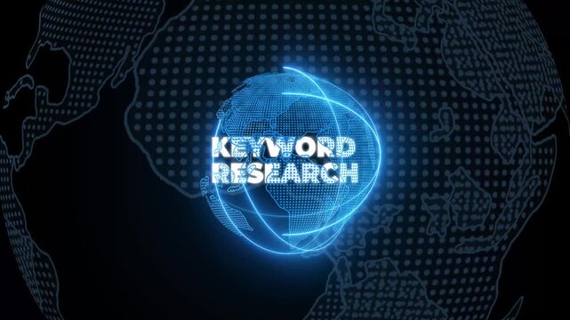 activate a conceptual holographic text Keyword research. Businessman in a suit with a hologram of planet Earth on a background of a futuristic wireframe city
