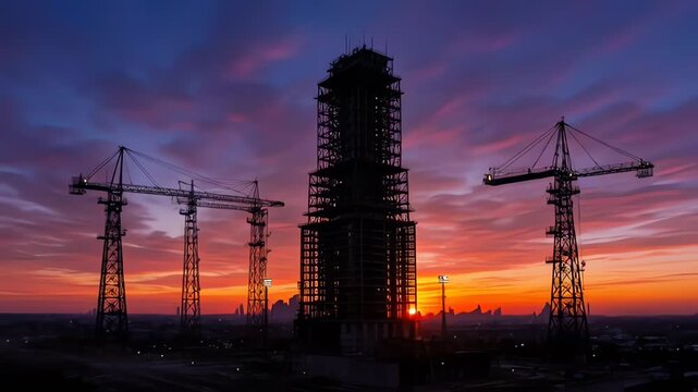 Timelapse view of urban construction site with cranes and scaffolding during evening transition