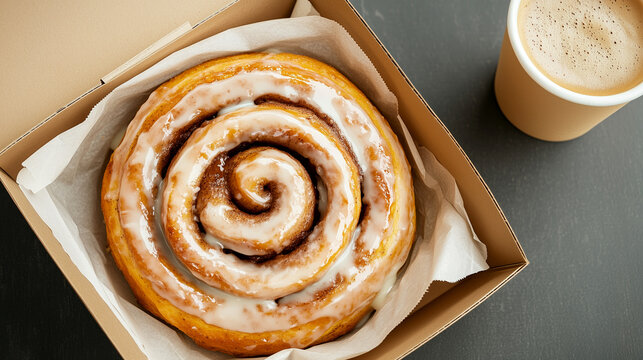 Cinnamon roll with vanilla glaze in a kraft bakery box on parchment paper, flat lay with takeaway coffee. Fresh baked pastry for breakfast to go, minimal food styling