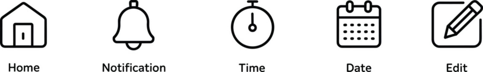 User interface toolbar vector illustration, horizontal menu icons with labels, home, notification, time, date, edit functions, app navigation design, UI graphic