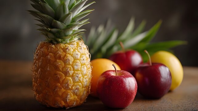 A vibrant assortment of fresh juicy fruits including a pine  red s an orange and a lemon displayed on a wooden surface