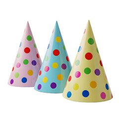 3d party hats isolated on transparent background colorful polka dots