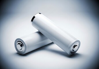 Two white cylindrical aa batteries are stacked against a gradient background