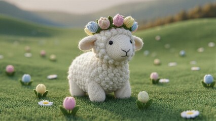 Knitted lamb wearing a flower crown on green grass. Easter season. Cute spring religious symbolism for greeting card.