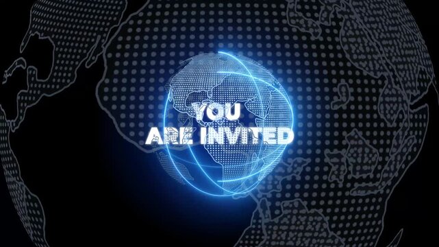 activate a conceptual holographic text You are invited. Businessman in a suit with a hologram of planet Earth on a background of a futuristic wireframe city
