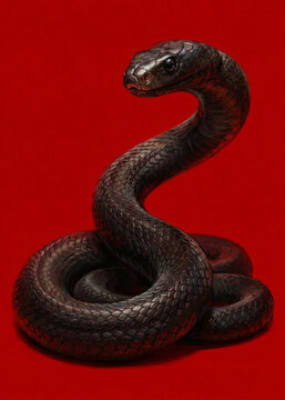 Dark Coiled Snake Portrait Isolated on a Bright Red Background