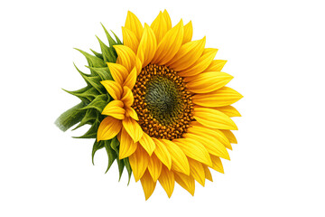Obraz premium Sunflower with bright yellow petals and green leaves, symbolizing summer, nature, and organic beauty on a transparent background