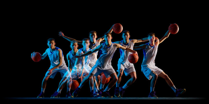 Motion sequence basketball player defensive stance in dark studio. Concept of sports team branding, basketball training materials, athletic performance showcase, dynamic fitness advertising.