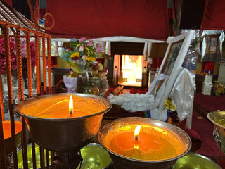 Votive lamps fueled with jacht butter in a Buddhist Monastery in Lhasa City, Tibet, China