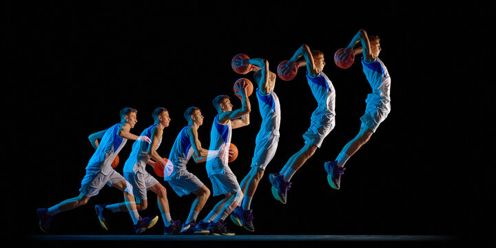 Basketball player jump shot progression in stroboscopic light. Concept of sports advertising, basketball event promotion, athletic performance showcase, dynamic action branding.