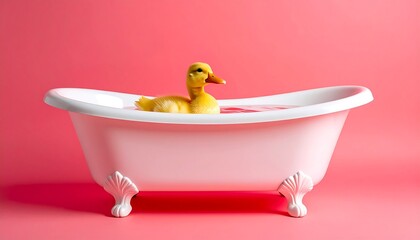 Naklejka premium Whimsical duckling in a pink bathtub against a pastel background, capturing a playful and serene bath time moment