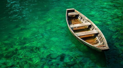 Obraz premium Wooden Rowboat Floating on Emerald Green Water in a Serene Natural Setting.