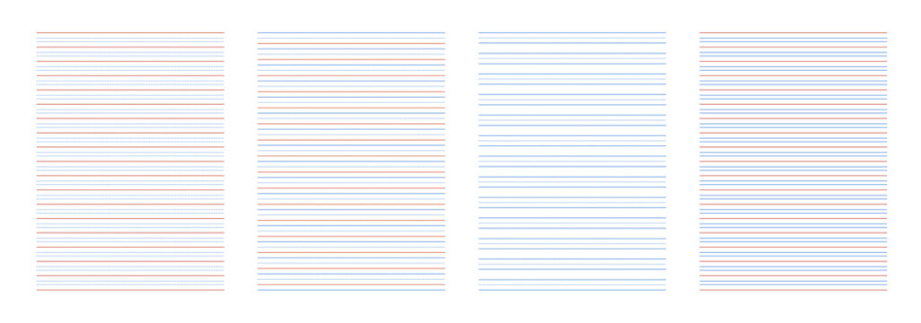 Set of ruled paper textures for handwriting practice. Vector template of lined pages with dashed and solid lines for school education, calligraphy exercises and children primary writing worksheets