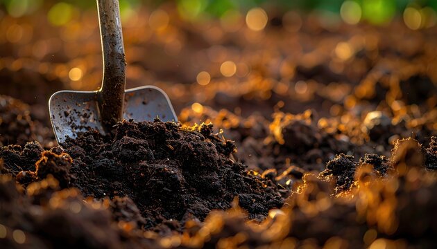 A detailed close-up shot from FlyPro_Firefly, showing rich, dark, loamy soil being turned over by a gardening fork, capturing its earthy texture.